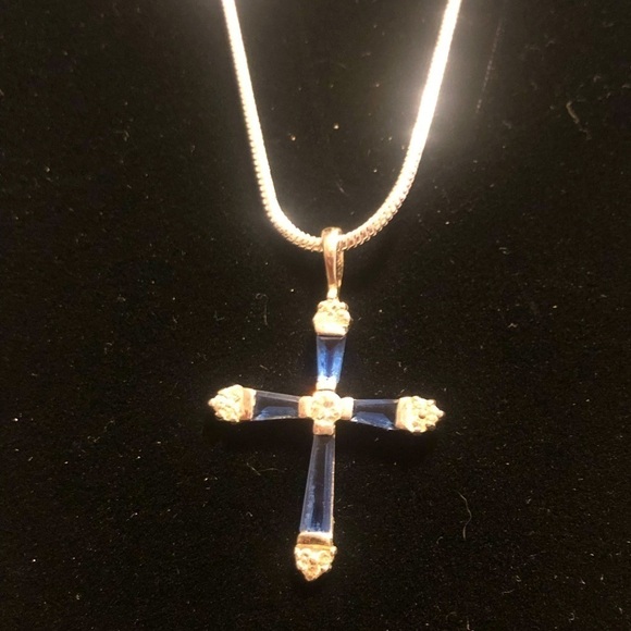 VTG Sterling Blue White CZ Cross Stamped 925 JJT CZ 1.4” w 20” 925 Snake Chain - Picture 4 of 8